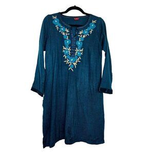W for Woman Teal Blue Embroidered Tunic Top Lagenlook Artsy Size L
